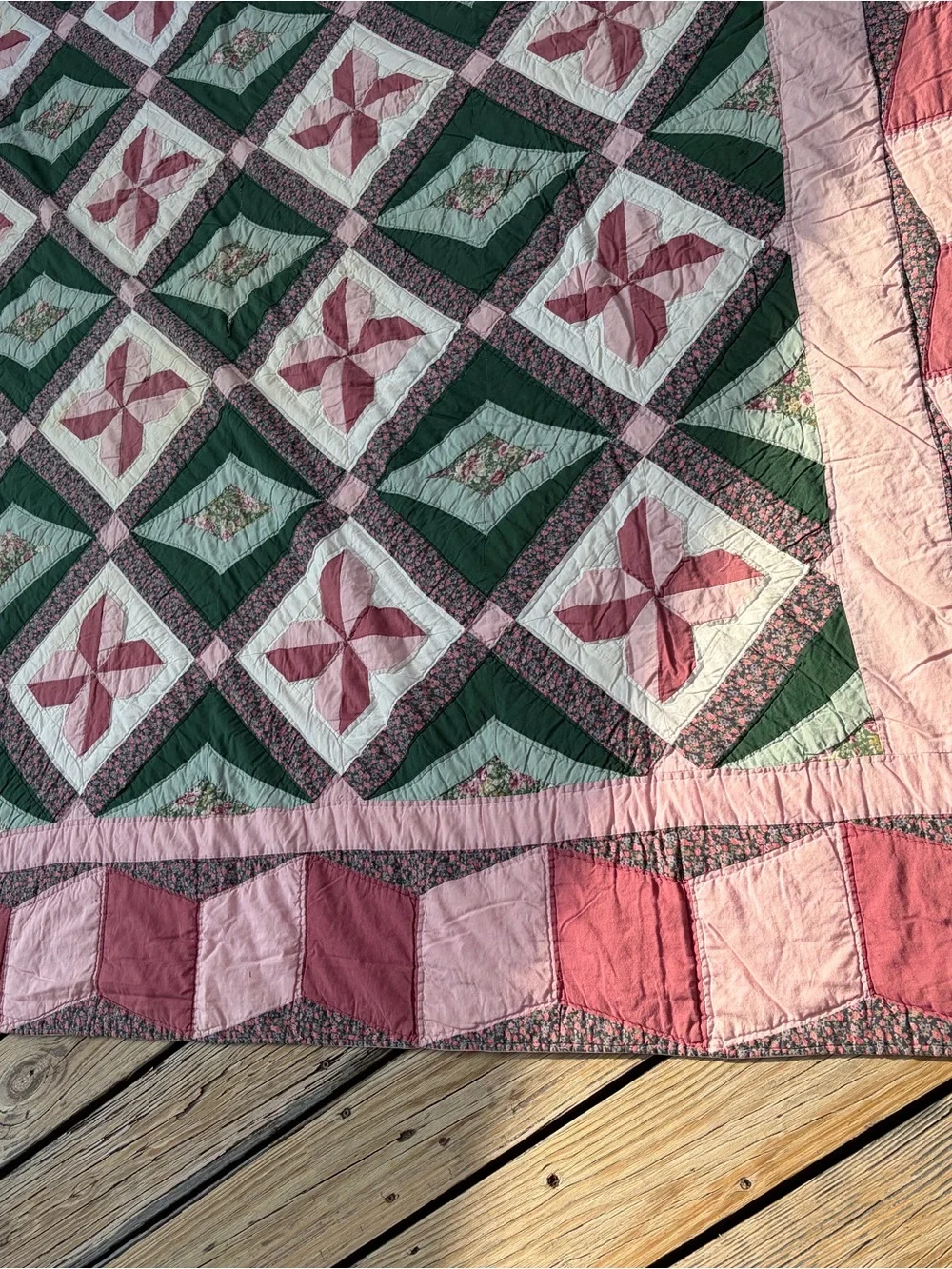 Handmade Pink and Green Patchwork Quilt - Floral Pinwheel Design VINTAGE stains